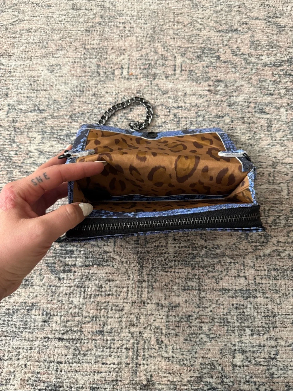 Aimee Kestenberg Blue Snake Pattern Crossbody Bag with Gunmetal Chain